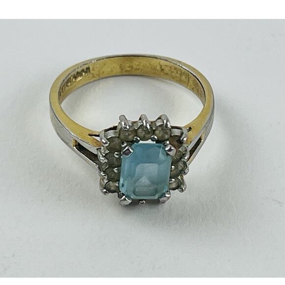 Vintage Ring 14K GE Gold Electroplate Taiwan Size 9 Aquamarine Blue Pale Rhinest - Picture 3 of 16